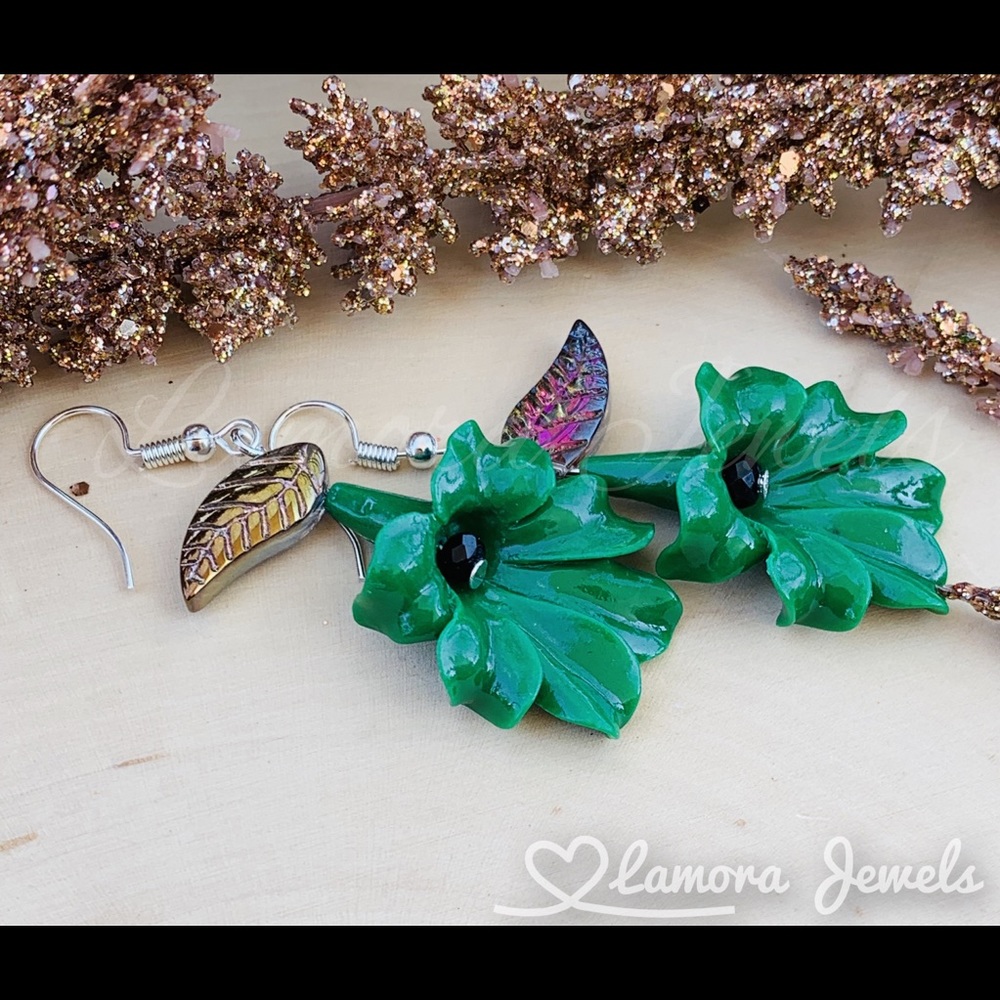 Green Flower Dangle Silver Earrings